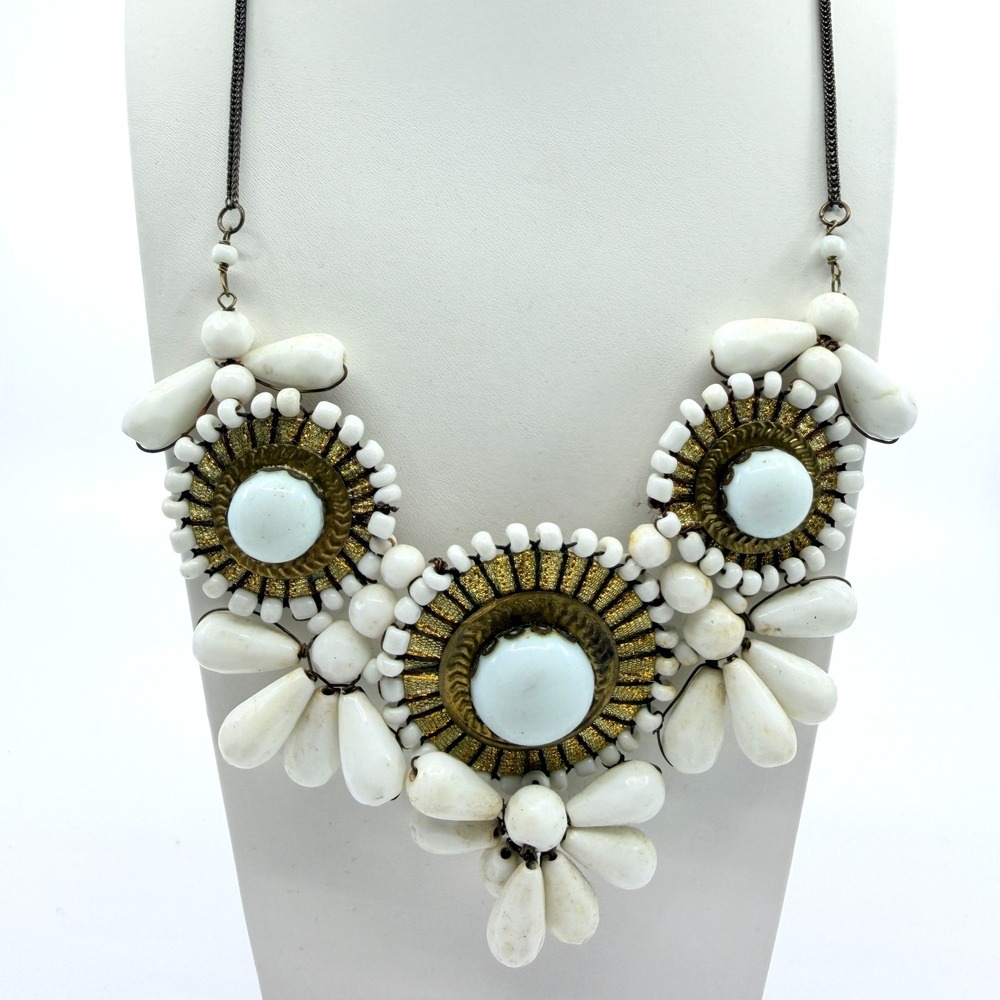 VTG White Faux Stone Brass Tone Bib Necklace Boho Chunky Statement Costume Goth